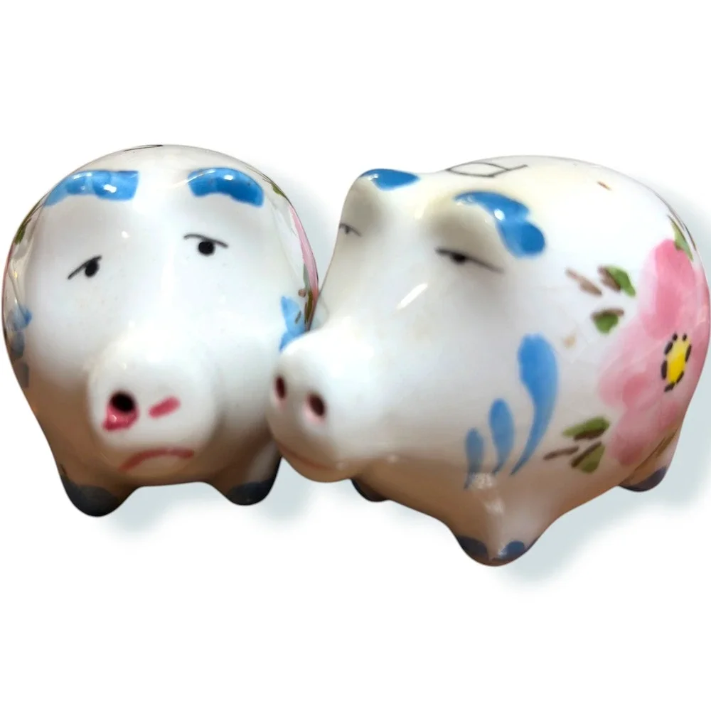 Vintage Style Micro Ceramic Piggy Salt and Pepper Shakers Pink Floral Set
